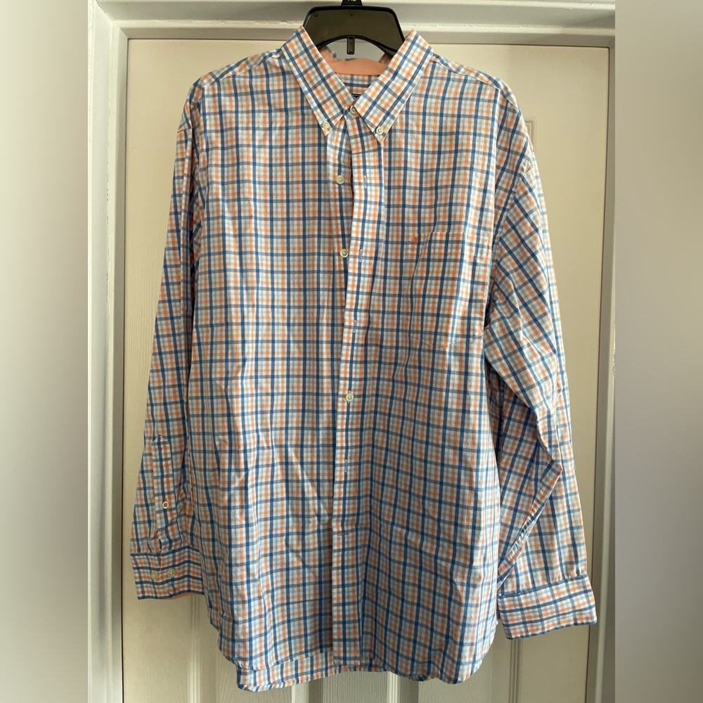 Men’s cotton button down shirt in blue and orange plaid size XL regular fit